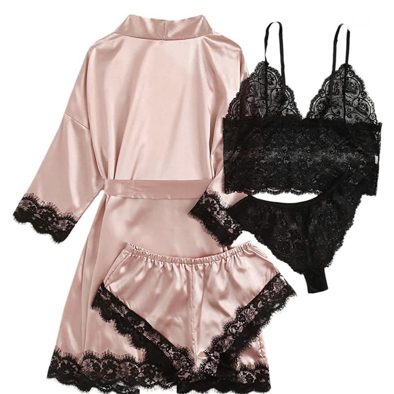 Set piyama satin piyama yang dilukis renda